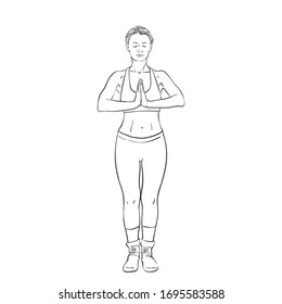 Sketch of woman doing yoga, standing with hands together, Hand drawn vector illustration isolated