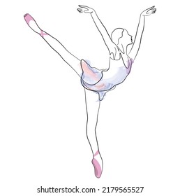 boceto de una mujer en un ballet de vestir pose de bailarina línea de arte continuo acuarela icono	