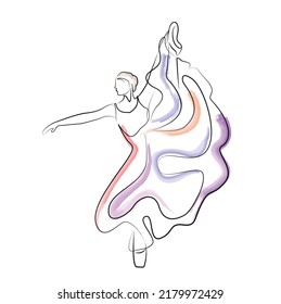 boceto de una mujer en un ballet de vestir pose de bailarina línea de arte continuo acuarela icono