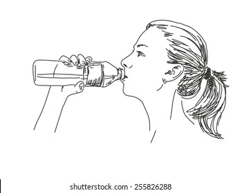 Sketch of woman drinking water Hand drawn vector illustration