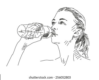 Sketch of woman drinking water Hand drawn vector illustration