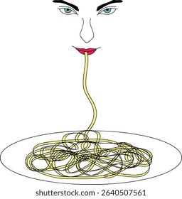 Sketch of a woman eating spaghetti. Vector cartoon illustration. Template for advertising, posters and banners, simple funny illustrations with woman eating spaghetti.	
