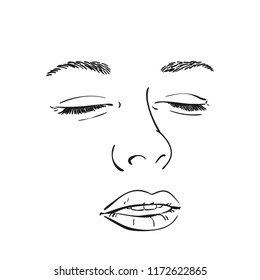 Sketch of woman face with closed eyes, Hand drawn vector illustration, Line art