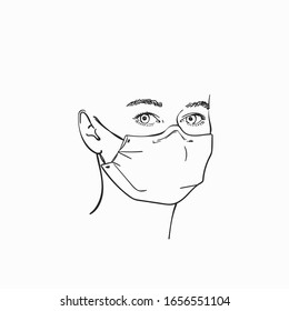 Sketch of woman face in medical mask, Hand drawn linear illustration, Vector sketch