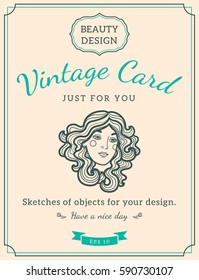 Sketch woman face and text. Vintage design for card or invitation. Vector template.