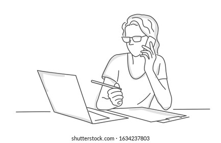 Sketch of woman with glasses using laptop and talking on the phone. Line drawing vector illustration.