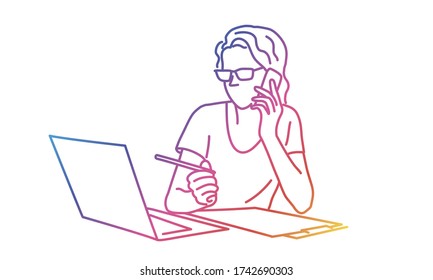 Sketch of woman with glasses using laptop and talking on the phone. Rainbow colors in linear vector illustration.