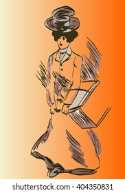 sketch of a woman with a hat on his head with a box in  hand a retro style on a background of orange gradient