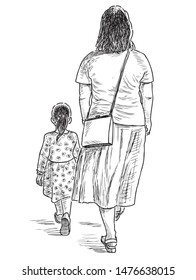 Sketch of a woman with her little daughter going for a walk