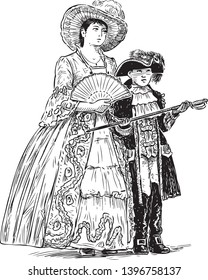 Sketch of a woman and her son in the historical costumes