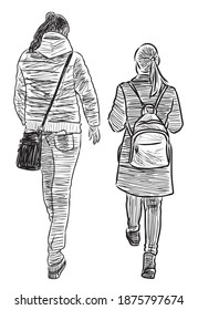 Sketch of a woman and her teen daughter walking along street together