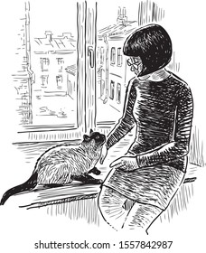 Sketch of woman and her Thai cat sitting by  window at home