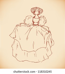 Sketch of woman in historical ball dress. Lady in vintage dress. Hand drawn romantic woman silhouette