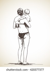 Sketch of woman holding a child in her arms, Hand drawn illustration