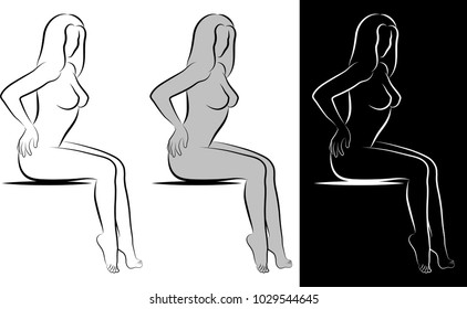 Sketch of Woman Holding Her Back, Line Art Illustration.