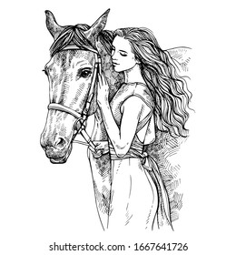 Sketch Woman and horse. Young woman caressing a horse. Beauty with horse. Hand drawn ink illustration