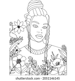 sketch of a woman illustration with flowers. Coloring pages for adults beautiful girl.