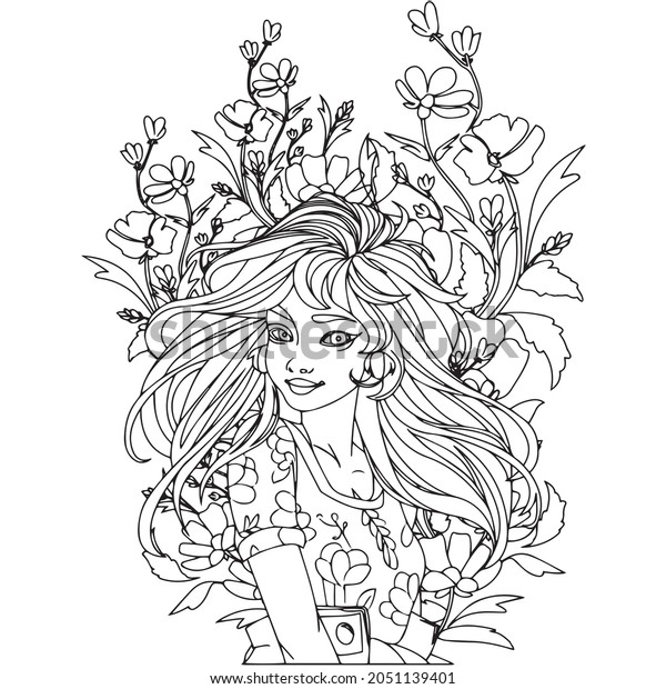 Sketch Woman Illustration Flowers Coloring Pages Stock Vector (Royalty ...