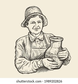 Sketch of woman with jug. Milkmaid vector hand drawn illustration