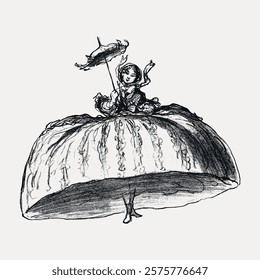 Sketch of a woman in a large dress with a parasol. The dress is voluminous, and the parasol adds elegance. The woman appears poised and graceful. Vintage illustration isolated on white, vector.