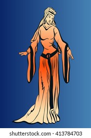 sketch of a woman in a long dress image of the Middle Ages in the orange gradient on a blue background