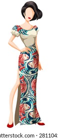 Sketch of a woman in long gown with chinese pattern