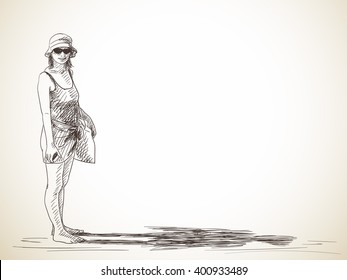 Sketch of woman with long shadow. Hand drawn illustration