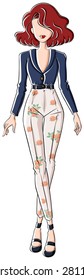 Sketch of a woman in long sleeves blue top and white pants with flower design