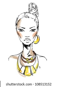 A sketch of the woman with massive jewelry. Fashion illustration