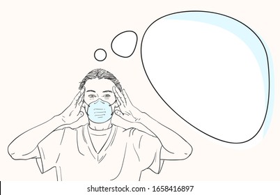 Sketch of woman in medical face mask with headache keeping her palms on head temples and looking straight, template for information banner with thought bubble, Hand drawn vector illustration