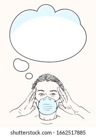 Sketch of woman in medical face mask with headache keeping her palms on head temples and looking straight, template for information banner with thought bubble, Hand drawn vector illustration