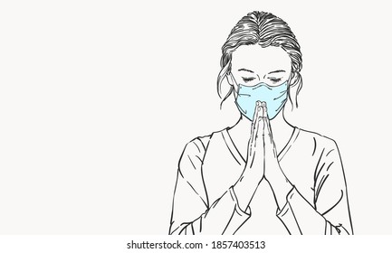 Sketch of woman in medical face mask praying with hands folded in worship, eyes closed, coronavirus pandemic problem suffering, Hand drawn vector illustration 