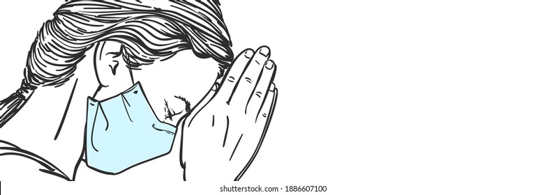 Sketch of woman in medical face mask praying with hands folded in worship with hope, eyes closed, coronavirus pandemic, Long banner with space for text, Hand drawn vector illustration