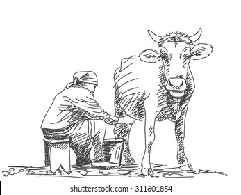 Sketch of woman milk a cow by hand Hand drawn vector illustration