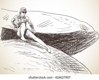 Sketch of woman moving carefully on huge stones, Hand drawn illustration
