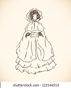 Sketch of woman with muff. Romantic lady in cloak. Hand drawn modern woman silhouette