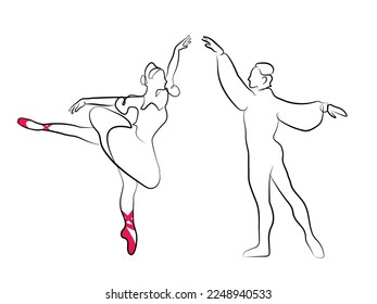 sketch of a woman n a dress and man iballet dancer line art continuous art 