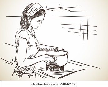 Sketch of woman on kitchen with pot, Hand drawn vector illustration