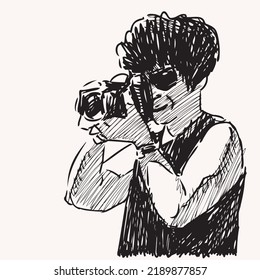Sketch of woman photographer taking picture on camera