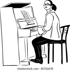 sketch of a woman pianist in glasses