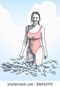 Sketch of woman in pink swimsuit. Hand drawn vector illustration