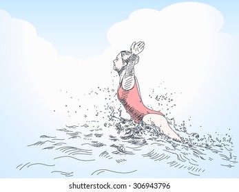 Sketch of woman in pink swimsuit playing in water. Hand drawn vector illustration