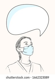 Sketch of woman portrait looking up, wearing medical face mask, template for information banner with speech bubble, Hand drawn vector illustration