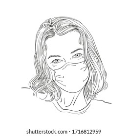 Sketch of woman portrait in medical face mask, Vector hand drawn illustration