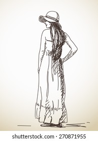 Sketch of woman posing in hat Hand drawn vector illustration