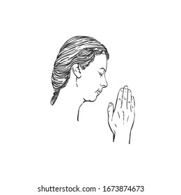 Sketch of woman praying with hands folded in worship, isolated head with eyes closed in hope, Hand drawn vector illustration