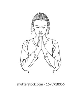 Sketch of woman praying with hands folded in worship, eyes closed in hope, Hand drawn vector illustration