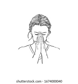 Sketch of woman praying with hands folded in worship, eyes closed in hope, Hand drawn vector portrait illustration