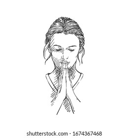 Sketch of woman praying with hands folded in worship, eyes closed in hope, Hand drawn vector illustration with hatched shades