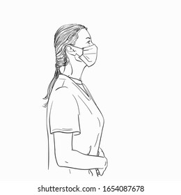 Sketch of woman in profile wearing medical face mask, Hand drawn linear illustration, Vector sketch isolated on white background